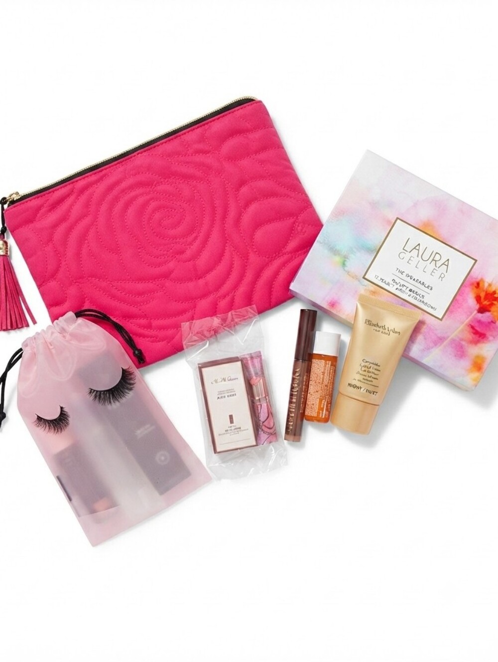 NWOT Laura Geller Glow Palette & Lamcome Pink Quilted Makeup Bag Set